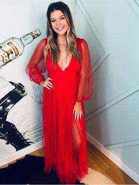 Elegant RED Mesh Maxi Dress with Sheer Sleeves